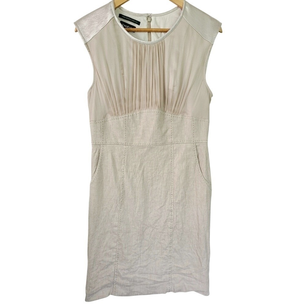 Bebe Beige Mixed‎ Materials Gathered Bust Sheath Mini Dress 10
